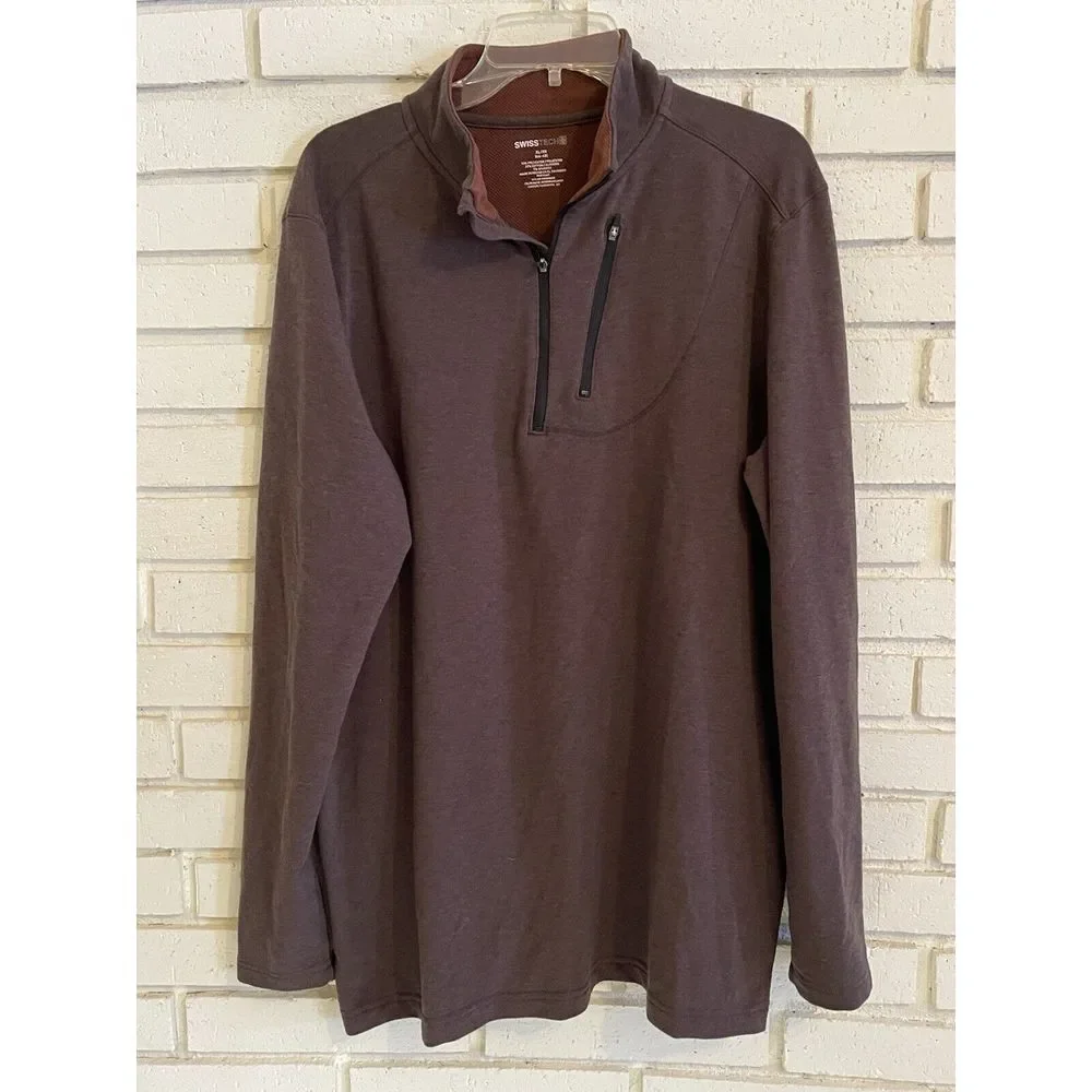 Swiss Tech Men's Sweater Size XL Brown 1/4 Zip Pullover‎ Long Sleeve Zip Pocket